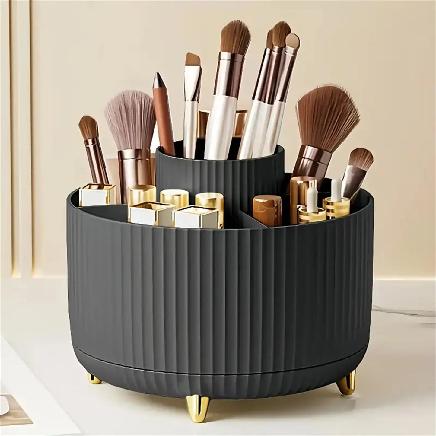 360° Rotating Makeup Organizer - 1pc Plastic Cosmetic Storage with 5 Compartments - Multi-Functional Holder for Brushes/Makeup